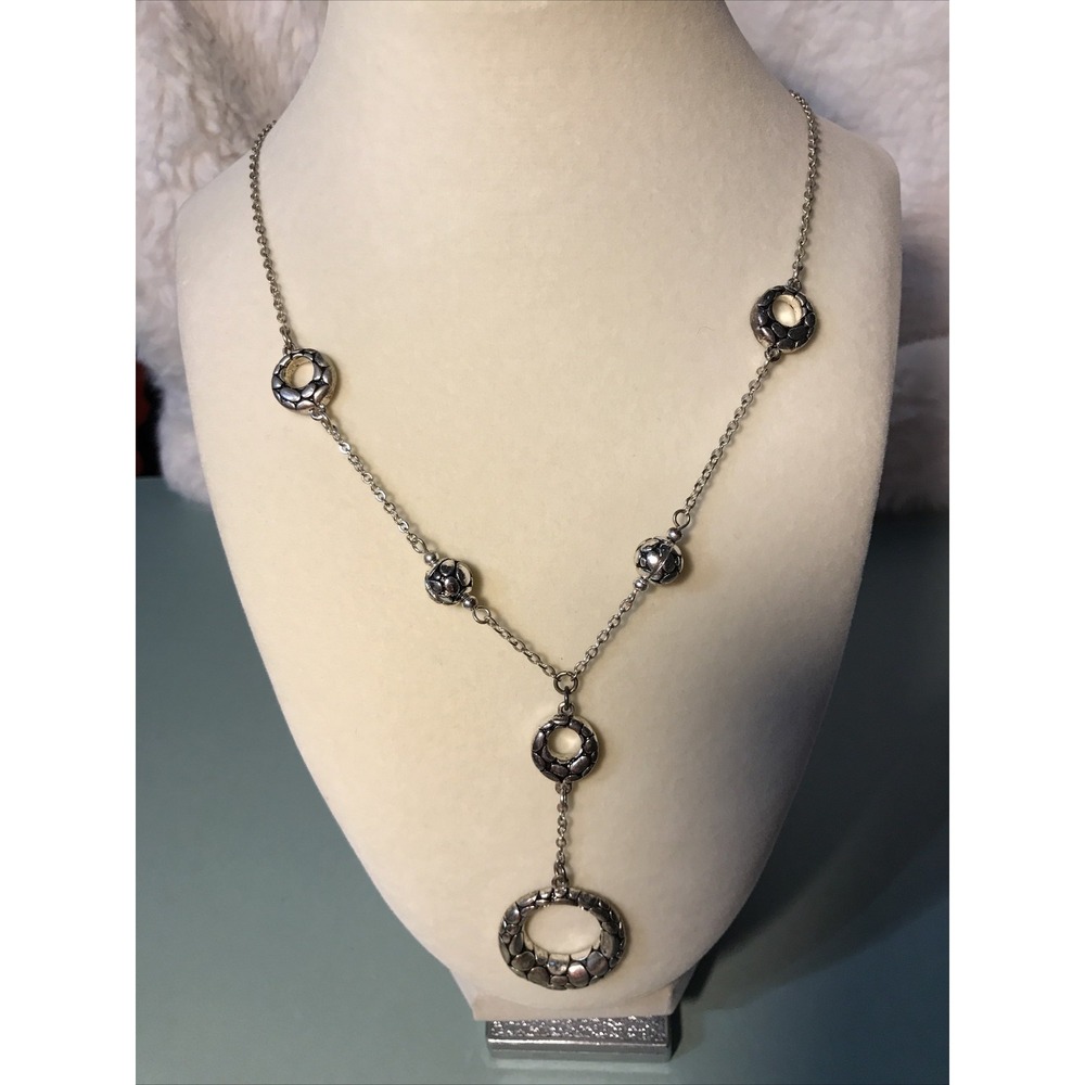 Stainless Steel Pebbled Polished and Antiqued Circle Necklace Adjustable Y-Drop